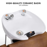 BarberPub Backwash Shampoo Station Chair, Adjustable Porcelain Ceramic Hair Wash Bowl Sink Unit Station, Reclining Shampoo Station Chair for Spa Beauty Salon Hair Salon Equipment 9303 (Brown)