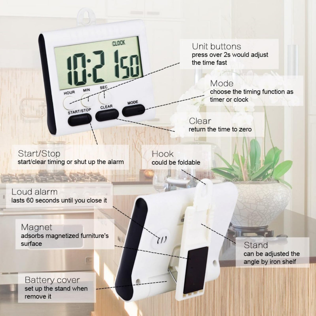 Xuhal 15 Pack 24 Hours Kitchen Timer with Alarm Magnetic Digital Clock ...
