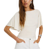 SeeLuNa Women Cinched Waist Shirts Stretchy Dolman Sleeve Boat Neck Knit Top Trendy Streetwear Outfits Basic Workout Tee Tops(Cream,S)