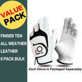 FINGER TEN Golf Gloves Men Right Left Handed Golfer 6 Pack (White-6 Pack, M/Large, Left)