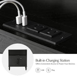 HULALA HOME 3 Drawer End Table with Charging Station, 26" Wide Endtable with Solid Wood Legs and Curved Profile, Classic Side Table for Living Room, Black