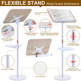 2 in 1 Dual-use Music Stand & Desktop Book Stand, Adjustable Height 16.5"-51", 100% Solid Wood Laptop Floor Stand Book Holder with Elastic Page Clips for Cookbooks (White with Tray)