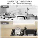 MAJALiS Dish Drying Rack Over The Sink, Expandable Stainless Steel Dish Drainer for Small Kitchen Counter Space Saving, RV Compact Plate Strainer In Silver Metal with Hanging Adjustable Utensil Holder