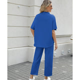 SeeLuNa Women's Two Piece Outfits 3/4 Batwing Sleeve Capelet Crew Neck Pullover Top Wide Leg Pants Lounge Set(Dark-Blue, L)