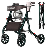 StepPilot Zero Wobble Rollator Walker with Seat for Seniors, 350lb Capacity, 18" Extra Wide Seat, 8" Wheels & Dual Brake, One-Hand Folds to 9.6", 7-Level Handle Adjustable, Cup Holder & Cane Clip