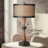 Franklin Iron Works Hunter Rustic Farmhouse Table Lamp with USB and AC Power Outlet Workstation Charging Base 28.75" Tall Bronze Cherry Wood Double Drum Shade for Living Room Bedroom House Bedside
