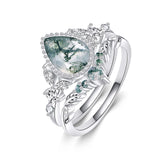 Oseew Natural Moss Agate Ring for Women 2CT Pear Cut 2 Pieces Engagement Ring Set 10K/14K/18K Solid Gold/Sterling Silver Wedding Vintage Leaf Bridal Promise Ring with Gift Box