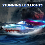 DEERC High-Speed RC Boat for Kids & Adults, 20+ MPH Full Proportional Remote Control Shark Boat with LED Lights, 2.4GHz Racing Boat for Pools & Lakes