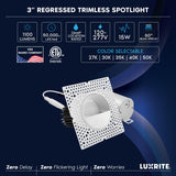 LUXRITE 3-Inch LED Trimless Recessed Spotlight with White Wall Washer Trim Replacement 15W, 1100LM, 2700K-5000K, 60° Beam Angle, Dimmable, Push-n-Lock, CRI90, Damp & IC Rated, ETL White (4 Pack)