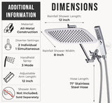 G-Promise All Metal 12 Inch Dual Square Shower Head with Handheld Spray Combo, Rain Shower Head, Adjustable Extension Arm, 3-Way Diverter, 71 Inch Extra Long Hose - A Bathroom Upgrade (Chrome)