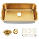 MONSINTA Gold Kitchen Sink 30 Inch, SUS304 Stainless Steel Undemount Kitchen Sinks, 30" x 18" x 9" Large and Deep Single Bowl Kitchen Sinks With Grid and Sink Drain Assembly
