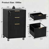 3 Drawers Fluted Mobile File Cabinet with Lock, Rolling File Cabinet Printer Stand Table, Under Desk Wooden Filing Cabinets for Home Office Essentials Storage Organization Furniture Letters/A4(Black)