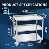 Treshin 3 Tier Stainless Steel Utility Cart, 19" W x 31.1" L x 33.58" H
