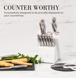 Styled Settings Stainless Steel Knife Set with Built In Sharpener - 14 Piece Ultra Sharp, High Carbon Stainless Steel Kitchen Knife Set Includes White Knife Block with Sharpener Built In