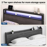 HAY Full Size Bed Frame with 2-Tier Storage Headboard, Metal Platform Bed with Charging Station and LED Light, Metal Support, Noise Free, No Box Spring Needed, Grey