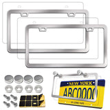Aootf License Plate Frames Covers - Stainless Steel Car Tag Holder and Clear Flat Shield, Unbreakable Front Rear Protector with Chrome Screws Caps, 2 Sets