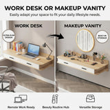 Quvex Modern Wood Floating Makeup Vanity Desk with 2 Drawers, Reversible Wall Mounted Dressing Table for Left or Right Corner, Space Saving Vanity Shelf for Apartments, Bedrooms, 47.2"/120cm