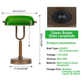 JCPYIUL Green Glass Bankers Lamp, Retro Desk Lamp with USB Wireless Charging Port, Classic Pull Chain Switch Table lamp, for Home Office nightstand Bedside Study Desk Library