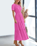 BTFBM Womens Summer 2026 Casual Midi Maxi Dresses Lightweight Short Sleeve V Neck Elastic Waist Boho Beach Dress Pockets(Rose Red, Small)