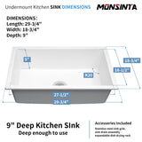 MONSINTA White Kitchen Sink, White Granite Composite Kitchen Sinks with Accessories, 30 Inch Undermount Quartz Stone Kitchen Sink, 30" x 19" x 9" Large and Deep Single Bowl Kitchen Sinks