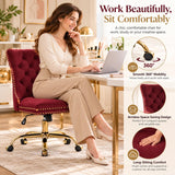 Wine Red Velvet Vanity Chair with Wheels, Armless Home Office Desk Chairs