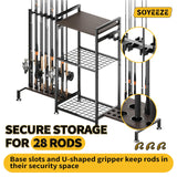 SOYEEZE Fishing Rod Holder for 28 Rods, Ground Stand Fishing Pole Holders for Garage, 3-Sided Vertical Fish Rod Rack for Tackle Box, Fishing Supplies,a Display Fish Gear Storage Gift for Man