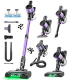 Cordless Vacuum Cleaner, 10 in 1 Stick Vacuum with Powerful Suction, Hose, Green LED Light, Anti-Tangle Brush, Lightweight Rechargeable Vacuum Cleaner for Home, Hardwood Floors,Pet Hair (Purple)