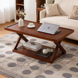 BECHAEO Solid Oak Coffee Table for Living Room, 2-Tier Wooden Coffee Table with Storage Shelf, Modern X-Shaped Base, Heavy Duty 400 lbs Center Table for Home