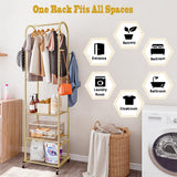 SUOERNUO Clothes Rack With Wheels and 3-Tier Metal Shelves,Clothing Rack For Hanging Clothes With 4 Hooks,Garment Rack Wardrobe Organizer for Small Space,Black (gold, 16.54 * 18.23 * 72.05)