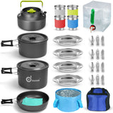 29pcs Camping Cookware Mess Kit, Non-Stick Lightweight Pots Pan Kettle, Collapsible Water Container and Bucket Odoland