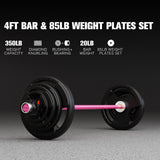 RitFit Barbell Weight Set - 4/6FT Olympic Barbell with Weight Plates (55-115LB Total) - Weightlifting Equipment for Squats, Curls, Deadlifts, Presses, Hip Thrusts 4FT Pink Bar with 85LB Plates