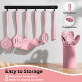 Homikit 15-Piece Kitchen Utensil Set, Silicone Cooking Utensils Spatula Set with Holder for Nonstick Cookware-Pink