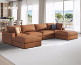 AMERLIFE 152 Inches Modular Sectional Couch, Feather Down Filled Sectional Sofa, 6 Seats U Shaped Couch with Chaise, Ottoman, Oversized Sofa for Living Room Apartment, Brown Anti-Scratch Leathaire