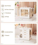 Homde Mothers Day Gifts Jewelry Box 360° Rotating, Necklace Earring Organizer with Transparent Window, Mirror, 7 Drawers, Large Ring Display Storage Case for Girls Women (White)