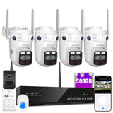 [Doorbell + 4-CAM] XMARTO 6MP Tri-Lens Wireless Security Camera & Smart Doorbell Set, 4Pcs 3-View 360°PTZ AI Tracking Cam & 16CH 4K WiFi6 NVR (500GB HDD) & 2.4G/5G Dual Band Doorbell, No Monthly Fee