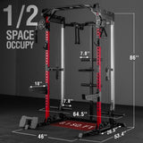 Mikolo Power Cage, 2000LB Power Rack with Independent Dual Pulley System, Multi-Function Home Gym Workout Machine for Cable Crossover (Red with Barbell)
