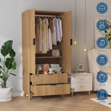 Garvee 71" Armoire Wardrobe Closet, Modern Wooden Bedroom Armoire with 2 Drawers & 2 Doors and Adjustable Shelves，Clothing Storage Cabinet with Aluminum Hanging Rod, Locker