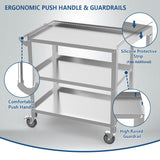 Hupsjer Stainless Steel Utility Cart 3 Tier - Heavy Duty Rolling Cart with Silent Wheels & Handle, Commercial Food Storage Trolley for Kitchen Restaurant Hospital Lab and Home, 21″L x 33″W x 34″H