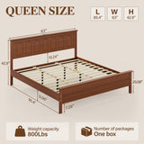 Uteeran Queen Size Bed Frame with Tall Headboard, Mid Century Modern Wood Platform Bed with Charging Ports and LED Lights, Solid Wood Slat Support, No Box Spring Needed, Easy Assembly, Warm Brown