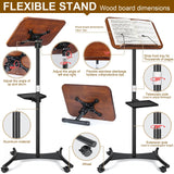 2 in 1 Dual-use Music Stand & Desktop Book Stand, Adjustable Height 16.5"-51", 100% Solid Wood Laptop Floor Stand Book Holder with Elastic Page Clips for Cookbooks (Black Walnut with Tray and Wheels)