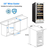 Tylza Mini Fridge 15 Inch Wine Cooler Under Counter, 30 Bottles Dual Zone Wine Fridge with Stainless Steel, Wine Refrigerator Freestanding, Built-in Wine Cellars