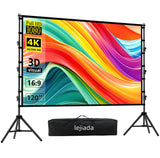 lejiada 120 Inch Projector Screen with Stand, 4K HD 16:9 Movie Screen for Backyard, Outdoor Movie Nights and Business Presentations, Portable Foldable Anti-Crease Screen with Carry Bag