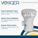 Voyager Plus Universal Residential Height RV Toilet with Porcelain Bowl FREEZABLE Water Valve | RV Winterization | Ideal for Outdoor and Winter Use