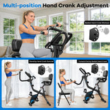pooboo Folding Exercise Bike with Hand Crank, Multifunctional Stationary Bike for Home, Upright Indoor Cycling Bike with 8-Level Magnetic Resistance, Arm Resistance Bands, Pulse Sensor & Back Support Cushion