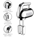 Dualit Hand Mixer - 300W- Strong Grip Handle - Attachments Included - Integral Plug Storage - 4 Speed Settings - Repairable gears - Flat Beaters, Dough Hooks, Balloon Whisk