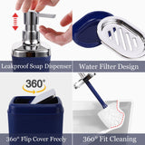 XLHOMO Navy Blue Bathroom Accessories Set, 9-Piece Plastic Gift Set with Trash Can, Toothbrush Holder, Toothbrush Cup, Soap Dispenser, Soap Dish, Toilet Brush Holder,2 Qtip Holder Dispensers and Tray