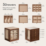 Homruilink Black Walnut Wooden Jewelry Box - 360° Rotating Jewelry Organizer for Women with 5 Drawers for Rings,Necklaces,Earrings and Bracelets -Large Storage Case - Mothers Day Gifts for Mom