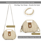 Women Straw Crossbody Bags,Summer Straw Purses with Chain,Beach Tote Shoulder Handbags Handmade Woven Bag (white)