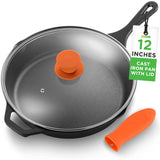 NutriChef 12-Inch Cast Iron Skillet w/Lid - Pre-Seasoned, Oven Safe, Nonstick, Cool-Touch Silicone Handle, For All Cooktops - NCCI12