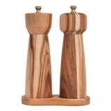 DeroTeno Salt and Pepper Mill Set with Tray, Adjustable Ceramic Grinder Salt Mill, Stainless Steel Grinder Pepper Mill, Acacia Wood, 20.5 cm/ 8 Inch Height, Bottom Dia 6 cm /2.36 inch